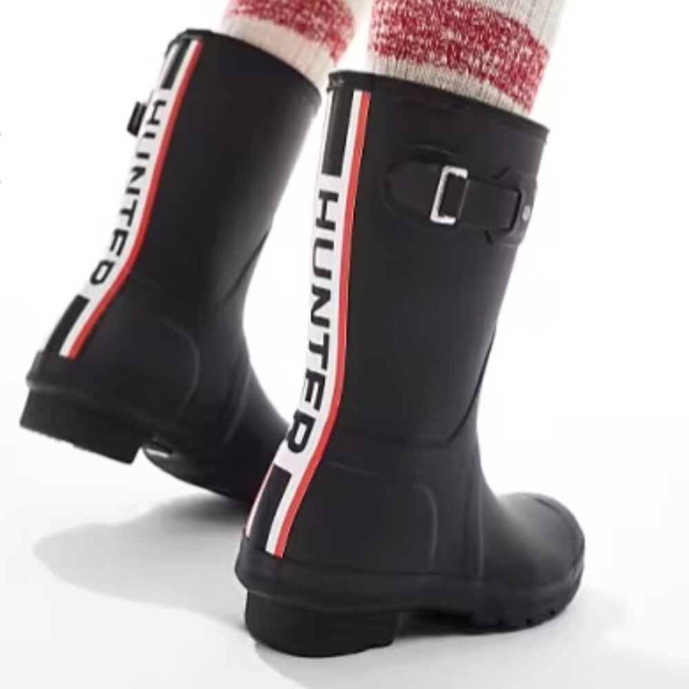 Hunter Women's Black Original Short Tri-Color Logo Rain Boot Size 6